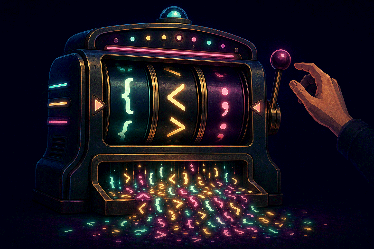 A retro slot machine with code symbols on its reels spilling a jackpot of glowing characters into a tray, while a hand reaches eagerly for the lever.
