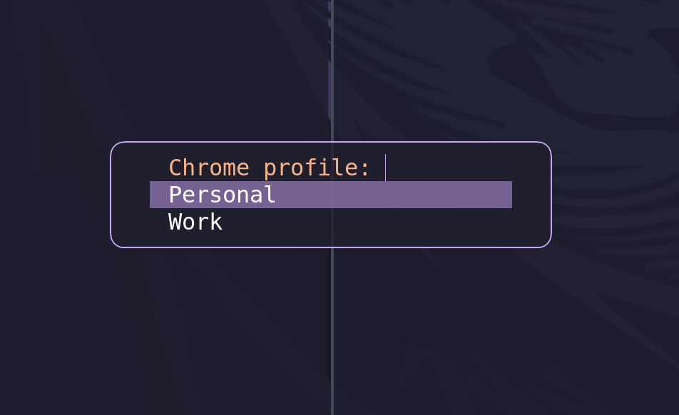 Fuzzel profile chooser with Personal and Work options.