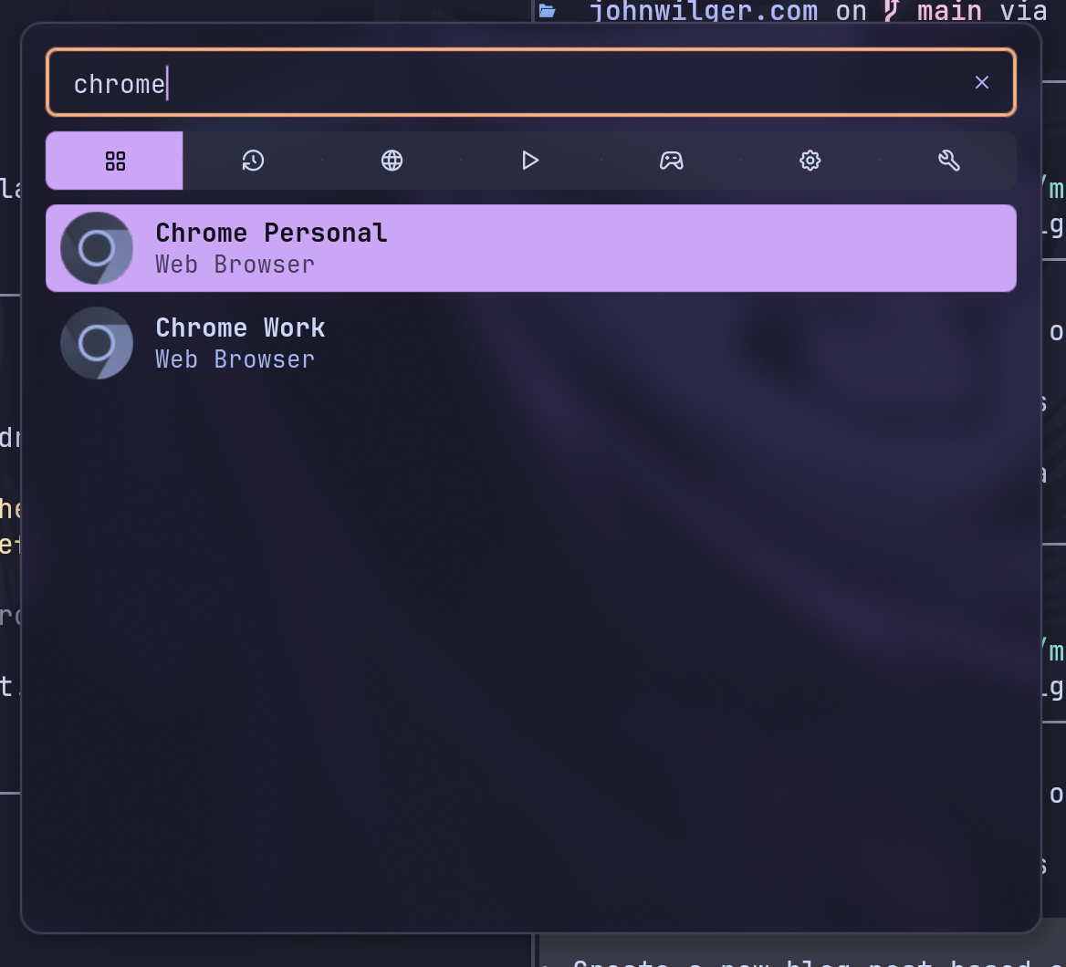 Noctalia launcher search showing Chrome Personal and Chrome Work as separate launch targets.