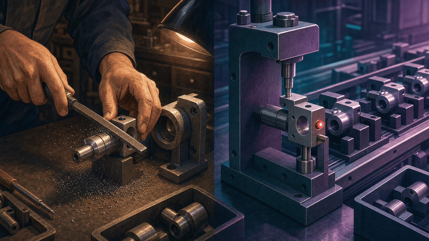 On the left, a worker files one mismatched component until it fits; on the right, a fixed gauge rejects an out-of-tolerance component before it enters an automated line.
